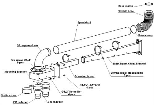 Application image for Vehicle Exhaust (car, truck, motorcycle, heavy equip.) Extension Booms - (Up to 24”Ø & 24,000 CFM)